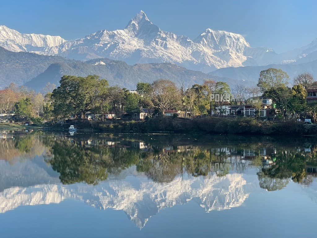 Pokhara with the Himalayas reflected in the lake